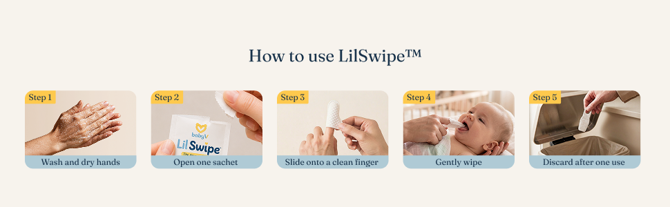Five steps for using LilSwipe: wash and dry hands, open one sachet, slide onto a clean finger, gently wipe, and discard after one use