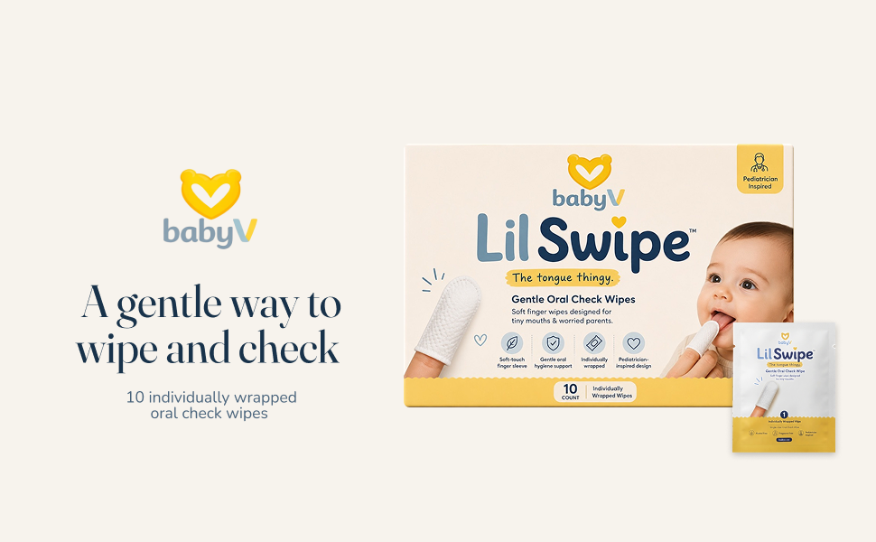 BabyV LilSwipe product box and individually wrapped wipe beside the message A gentle way to wipe and check